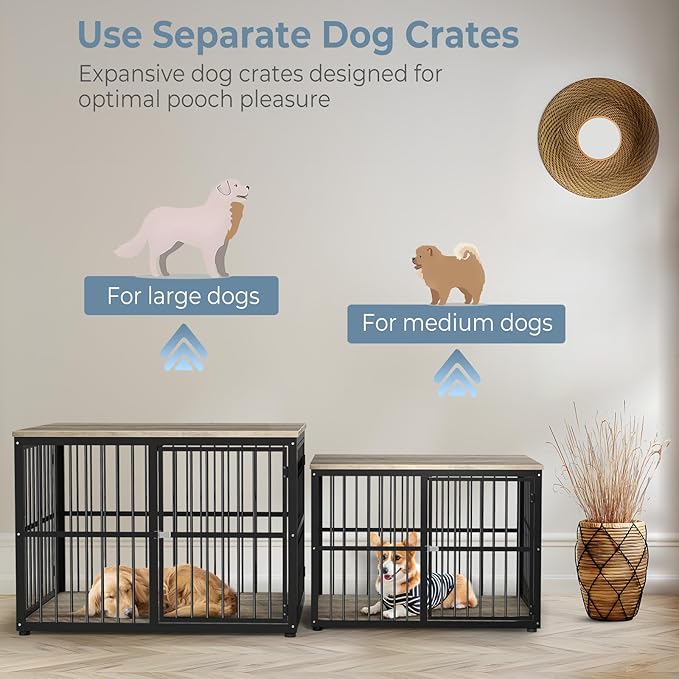 43'' Dog Crate Furniture with 3 Doors, XL Wooden Crate End Table, Heavy Duty Indoor Puppy Cage Kennel for Medium to Large Dogs, Multiple Units Can be Combined