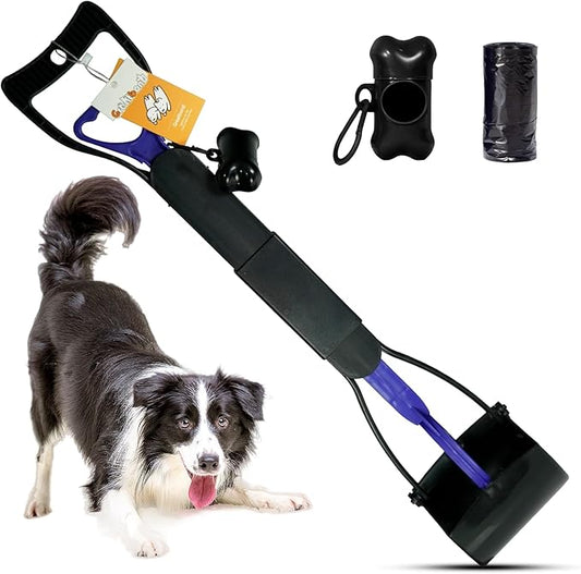 Pooper Scooper with Bags, 32" Long Handle Dog Poop Scooper for Large Medium Small Dogs, Durable Spring and High Strength Material Foldable Waste Pickup Tool for Easy Grass and Gravel Pick Up, Blue