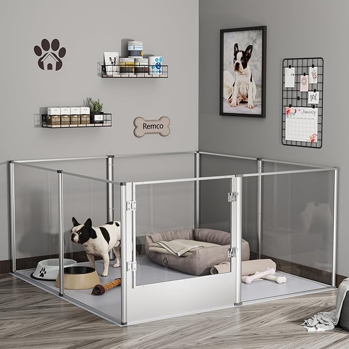 Dog Clear Playpen Fence Kennel: Pet Indoor Heavy Duty Whelping Box Pen Cage with Waterproof whelping pad - Small Animal Acrylic Exercise Kennel Pen with Metal Frame for Cats Puppy Rabbits Guinea Pig