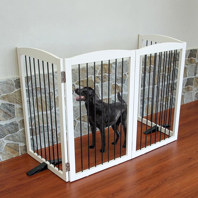 ZJSF Freestanding Panel Gate for Indoor Doorways, Stairs, or Hallways - Foldable White Wooden Dog Gates - Support Feet Included - 32" Height - 4 Panels