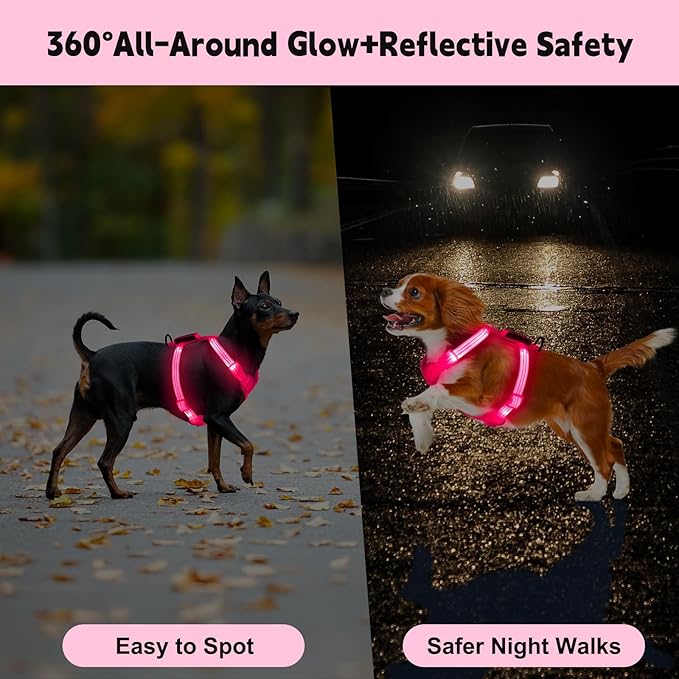 Rechargeable Light Up Dog Harness for Small Dogs – Adjustable LED Dog Vest with Reflective Strips, No Pull Glow in The Dark Puppy Harness for Night Walking Safety-Pink