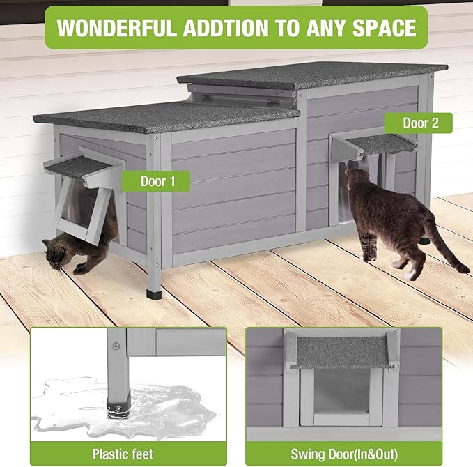 GUTINNEEN Outdoor Cat House Weatherproof Feral Kitty Shelter for Winter Cat Condo with Large Opening Roof (1-Story(AIR93-Heated))