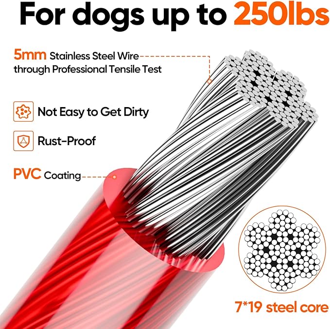 Tresbro 100FT Red Reflective Tie Out Cable for Dogs Up to 250 Pounds, Steel Wire Lead Leash with Stainless Rotatable Buckle, Lightweight and Enduring, Dog Chains Outside for Outdoor,Yard,Camping