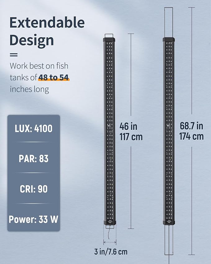 Pawfly 33W Aquarium LED Light for 48 to 54 Inch Extendable Fish Tank Light with Full Spectrum Brilliant White Blue Red Lights with Daytime & Night Modes Timer Auto On/Off Adjustable Brightness