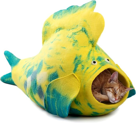 Luxurious Eco-Friendly Merino Wool Cat Cave Bed Fish Design - Foldable Hideaway Pod for Indoor Cats - Premium Felt Kitten Beds - Covered Cat House for Ultimate Cozy Comfort by Woolygon
