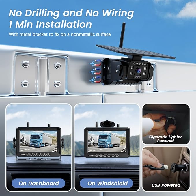 Magnetic Solar Wireless Backup Camera for RV Truck Trailer – 7" 1080P Monitor with Recording, 1-Min Install, No Delay, Wide View, IR Night Vision, 4 Channels, Auto-Sleep Rechargeable Rearview Camera