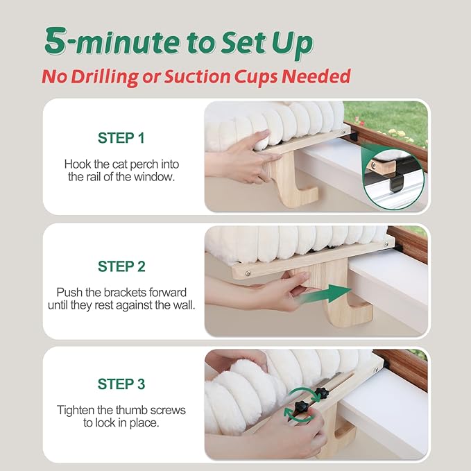 SnugCloud Cat Window Perch with 4-Sided Bolster - Orthopedic Cat Hammock for Window Sill - Solid Hardwood & Metal Frame - Window Seat for Pets (Natural Color Wood w/White Bed, Large)