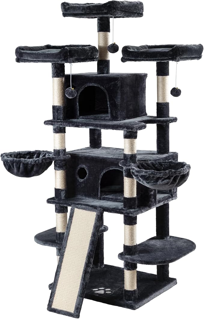 Allewie 68 Inches Cat Tree/House and Towers for Big Feline/Scratching Post/Multi-Level Large Kitty Climbing Tree with Condo/Smokey Grey