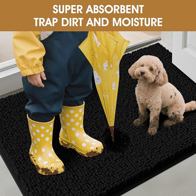 IM HOME 36" x 24" Black Dog Door Mats for Muddy Paws, Chenille Absorbent Dog Mat, Non Slip Heavy Mud Mat for Dogs, Soft Pet Bed Mat for Entryway, Mud Paws, Inside Floor