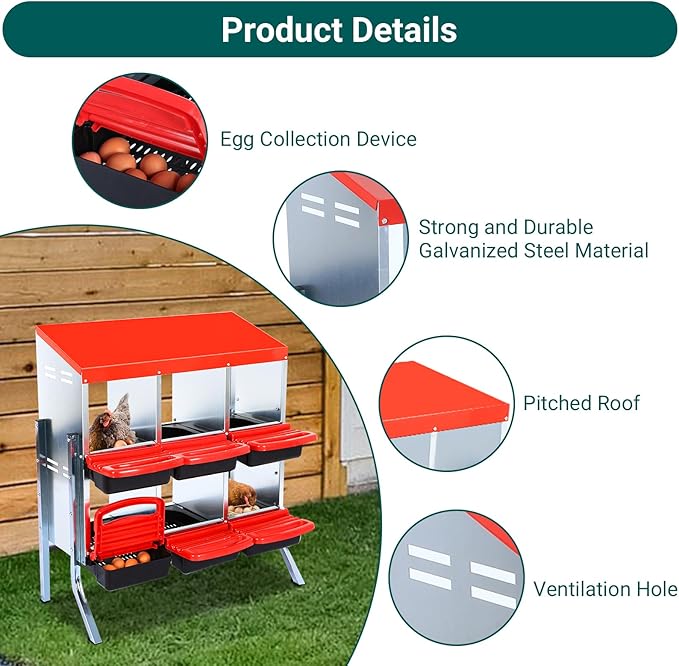 Nesting Boxes for Chickens, Chickens Laying Boxes for Chicken Coop with Legs, 6 Compartments Chicken Nesting Boxes, with Removable Tray, Easy Cleaning, for Hens Outdoor Chicken Coop Farm Yard, Red