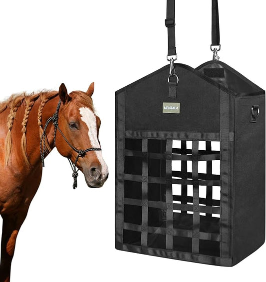 Hay Bags for Horses,Two-Sided Premium Oxford Slow Feed Hay Bags for Goats,Sheep,Donkey,Large Top Opening with Hook-and-Loop Seals,Easy to Hang with Adjustable Strap (Black, Large 1 Pack)