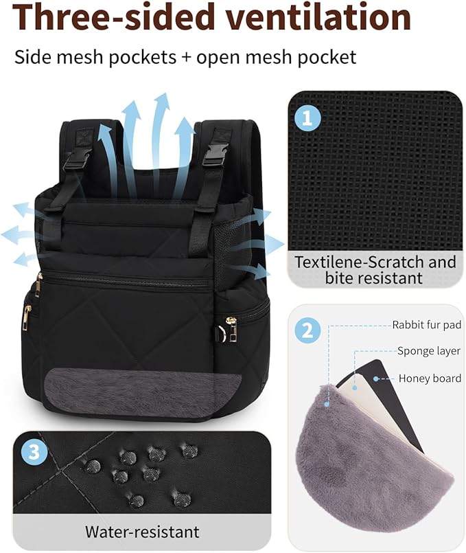 OFY Cat Carrier Puffy Backpack Breathable Small Dog Front Backpack Large Space for Small Dogs, Drawstring & Water-Resisant Pet Bag for Travel Hiking, Black Patent Pending