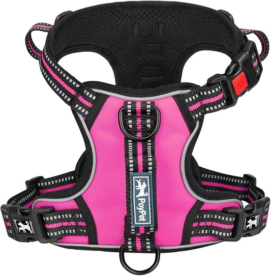 PoyPet No Pull Dog Harness, No Choke Front Clip Reflective Dog Vest with Soft Padded Vertical Handle, 3 Leash Attachments for Small Medium Large Dogs (Pink,S)