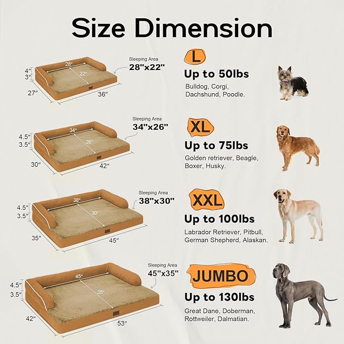 Large Dog Bed Orthopedic Washable, Dog Beds for Large Dogs, Washable Cover Removable Bolster and Non-Slip Bottom Jumbo Orthopedic Orange Dogs Beds, XXLarge Extra Large Pets