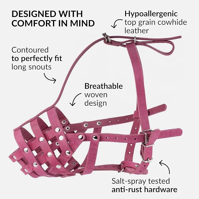 CollarDirect Dog Muzzle German Shepherd Dalmatian Doberman Setter Leather Basket Medium Large Breeds (Pink, Large)