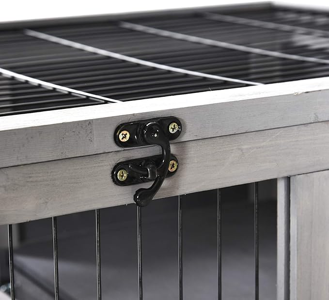 PawHut Wooden Rabbit Hutch Indoor Outdoor, Elevated Bunny Cage with No Leak Tray Enclosed Run with Wheels, Ideal for Guinea Pigs and Small Animals, Gray