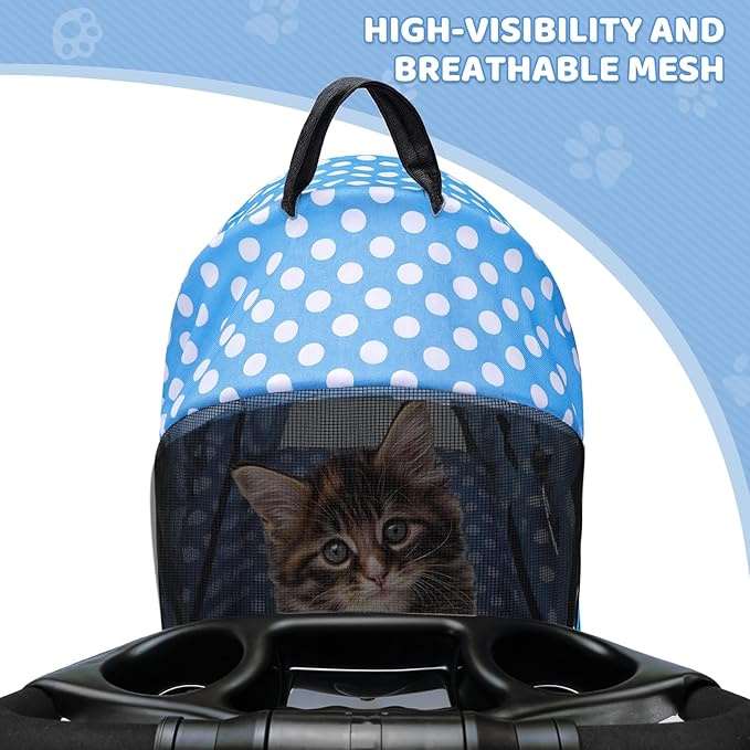 Magshion Foldable Pet Stroller, 3-in-1 Dog Travel Jogger with Detachable Carrier, Cup Holder, Storage Basket, Folding Carrier for Small/Medium Dogs & Cats Up to 33 lbs, Sky Blue Polka Dots