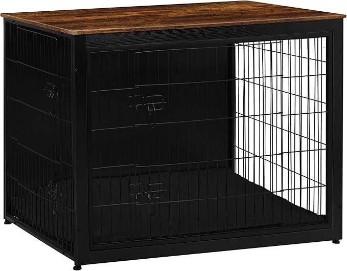 DWANTON Dog Crate Furniture with Cushion, Wooden Kennel Table with Double Doors, Indoor Dog House, Extra Large Size, 43.3" L, Black+Rustic Brown