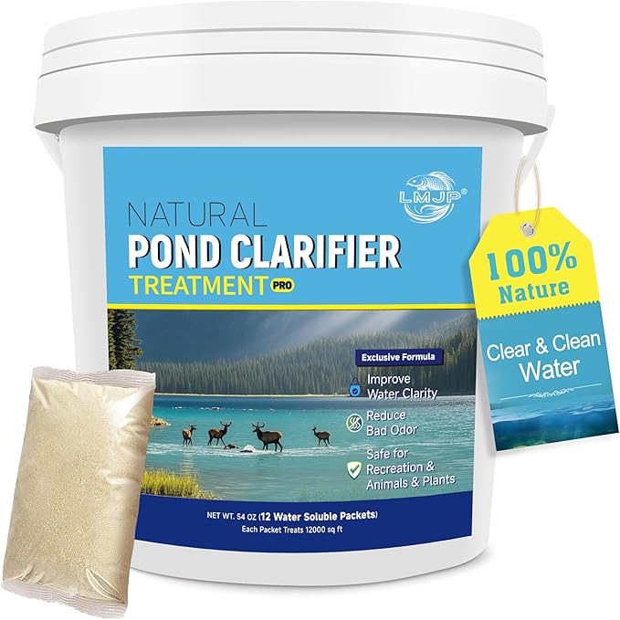 Pond Clarifier Treatment – 12 Packets Natural Pond Water Clear for Outdoor Lakes – Beneficial Enzymes to Improve Water Clarity & Eliminate Odor – Treats Up to 144000 Sq Ft