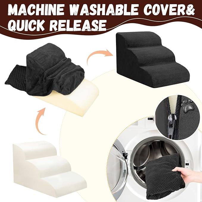 Dog Stairs for Small Dogs - High Density Foam Pet Steps, Extra Wide Dog Ramp with Non-Slip Bottom for High Beds, Couch and Sofa, Best for Dogs Injured, Older Doggy Cats,3 Steps, Black