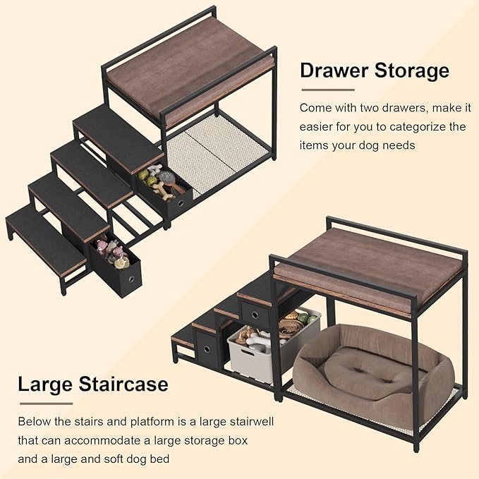 Pet Bunk Bed with Removable Stairs and 2 Drawers, Dogs/Cats Window Perch, Dog Window Seat with Soft Cushion, Ultra-Shallow Steps, Sturdy Metal Frame, Non-Slip