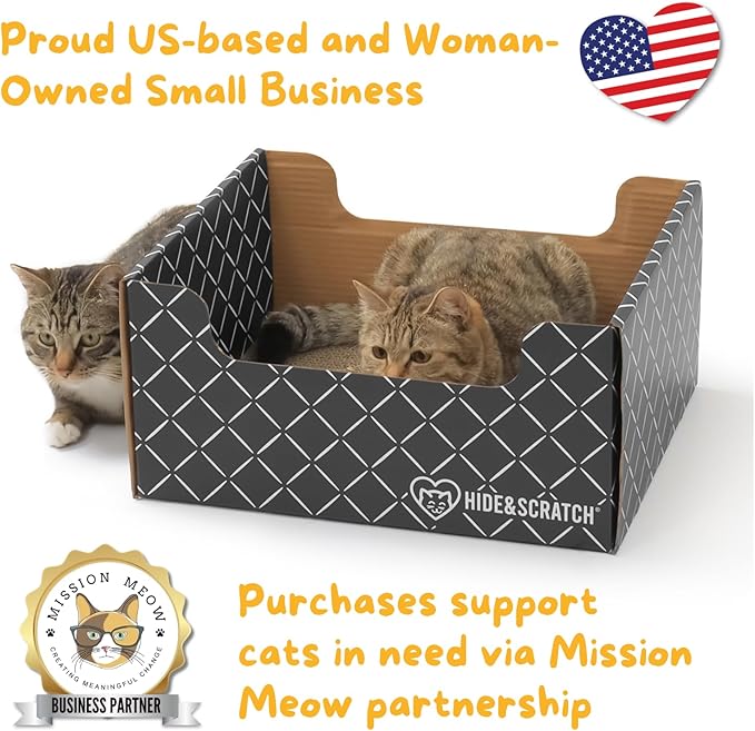 HIDE & SCRATCH Cat Scratcher Box and Cat Bed with Refillable Double-Sided Cardboard Scratch Pad for Indoor Cats