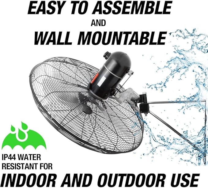 OEMTOOLS 30" Outdoor Wall Mount Fan, 80° Oscillating Fan 7200 CFM Max, Water Resistant, Use in Garage, Gym, Warehouse, Factory and Jobsite