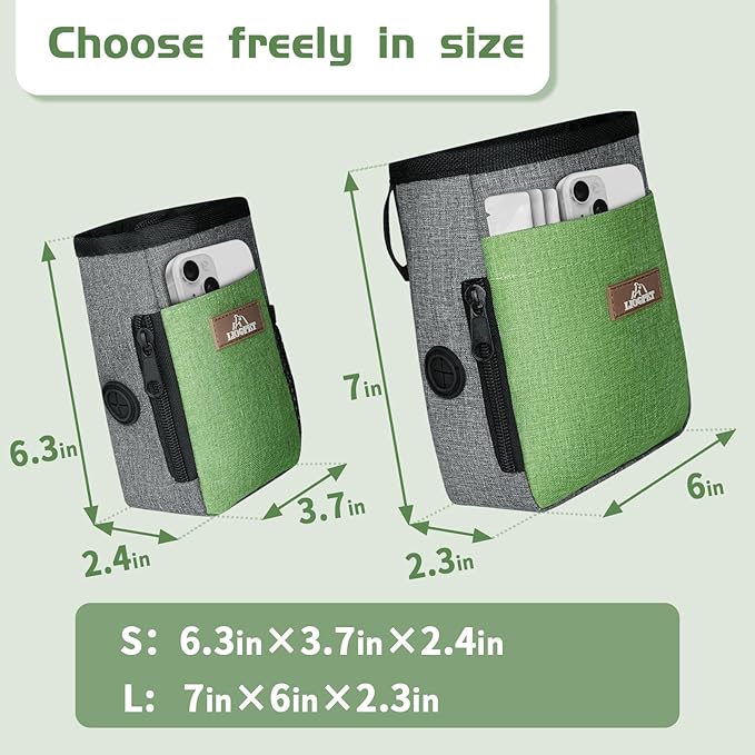 Upgraded large-sized Dog Treat Pouch with waist clip - Fashionable Green&Grey Design - Large Capacity Dog Treat Bag for Dog Walks,Outdoor Activities, Travel and Training - Includes 1 Poop Bags