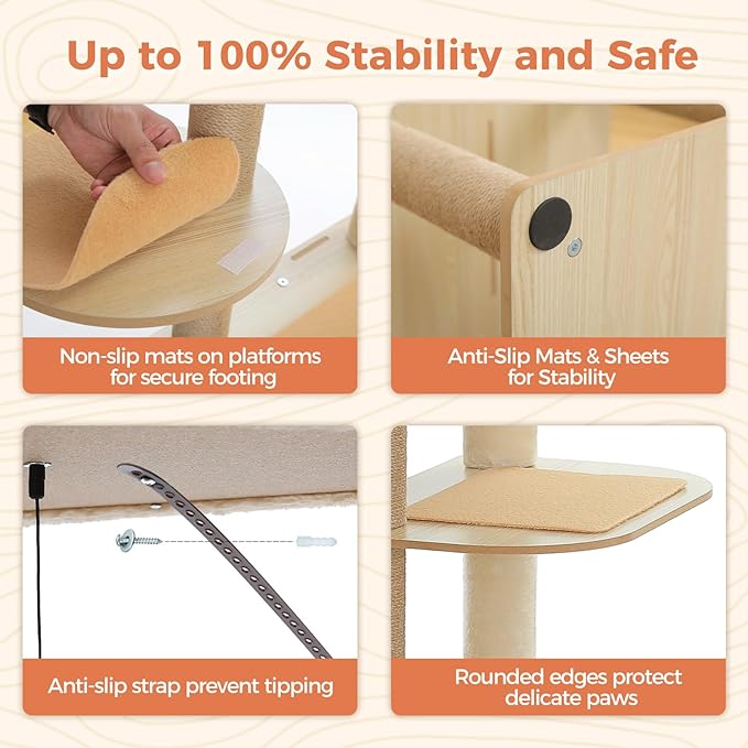 71" Tall Wood Cat Tree for Large Cats, Modern Cat Tower with 2 Acrylic Bowls, Large Top Perch, Spacious Cat Cave (Soft Cushion Included), 10 Sisal Scratching Posts and Non-Slip Jump Platforms