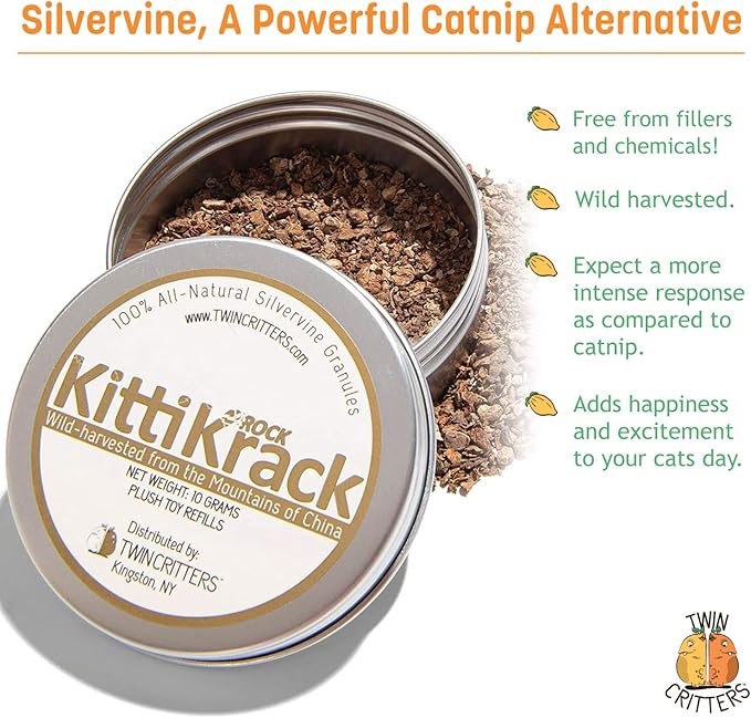 KittiKrack Rock Organic Silvervine Catnip Substitute for Cats & Kittens | All-Natural Wild Harvested Silvervine Granules | 4 Refills for TWINCRITTERS Refillable Plush Cat Toys | 10g