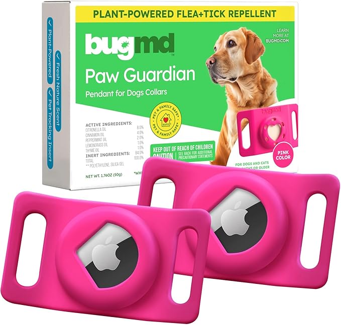 BugMD Paw Guardian Flea & Tick Pendant (2-Pack) with AirTag Holder – Plant-Based Flea & Tick Prevention for Dogs – Pet Collar Tag & GPS Tracker Holder for Dogs – Pink