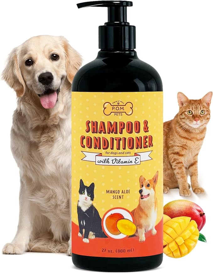 POM Pets 2-in-1 Organic Dog Shampoo & Conditioner – Itchy Skin Relief, Dog Deshedding, Detangles Fur, Cat Shampoo, Paw Cleaner for Dogs, Natural Coat Defense Formula