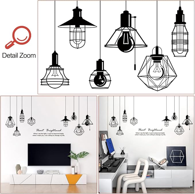 Removable 8pcs Hanging Black Vinyl Chandeliers Wall Sticker Quotes Heart Brightened Wall Decal DIY Peel and Stick Decor for Kids Boys and Girls Bedroom Living Room Studyroom Playroom Classroom