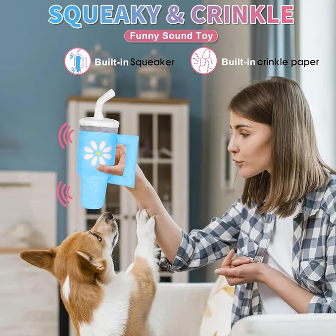 Squeaky Dog Toy - Crinkle Pup Cup Tumbler Plush Dog Toy with Cute Daisy Design for Small Medium Breeds, Funny Interactive Puppy Birthday Gift (Blue)