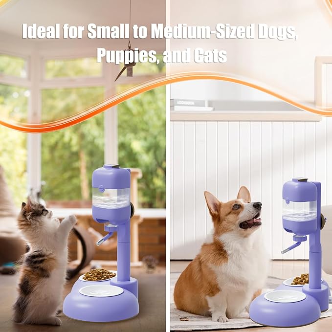 Dog Bowls with Puppy Weaning Bottles,3 in 1 Dog Bowl Set with Water Dispenser and 2 Food Grade Ceramic Bowls for Cats,Bunnies,Ferrets and Small Sized Dogs（Purple）