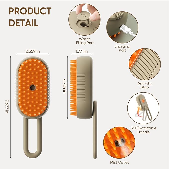 4-in-1 Cat Steam Brush for shedding–Self-Cleaning Comb for Long and Short Hair Cats and Dogs, Steam Pet Brush for Hair Removal, Vibrating Message, Grooming & Relaxation (Khaki)