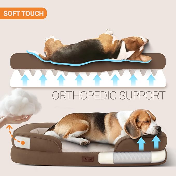 Soft Touch Orthopedic Dog Bed for Large Dogs with Faux Fur Top, Waterproof Pet Couch Bed with Removable Washable Cover and Supportive Foam Filling (Brown, Large)