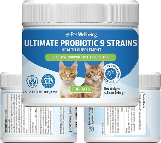 Pet Wellbeing Ultimate Probiotic 9 Strains with Prebiotics for Cats - Supports the Gut Microbiome and Digestion, Immune System Care, Urinary Tract Health, FOS, 2.5 billion CFU - 5.64 oz (160 g) Powder