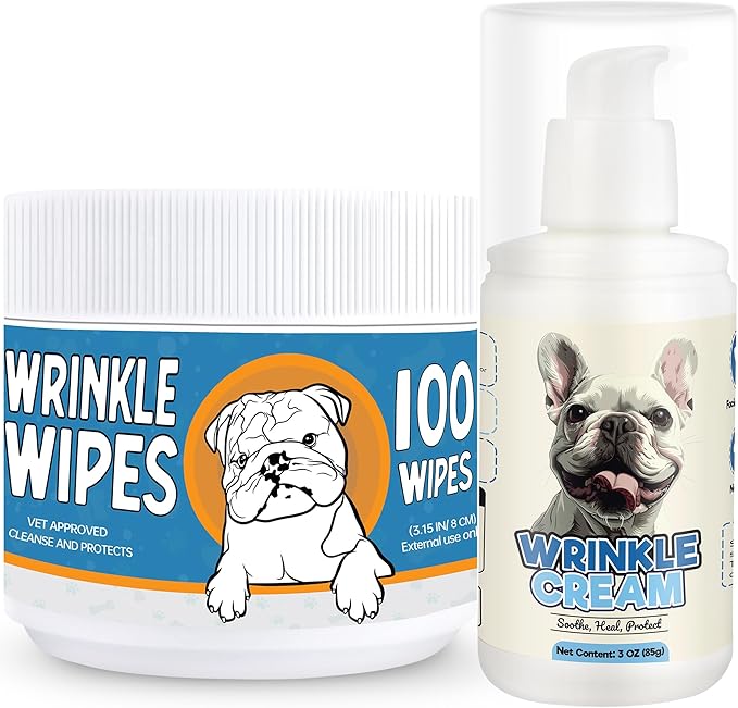 Bulldog Wrinkle Wipes & Cream Bundle - Deep Cleaning Wrinkle Wipes + Soothing Dog Wrinkle Cream - Hypoallergenic for Bulldogs, Pugs, Frenchies (100 Wipes + 85g Cream)