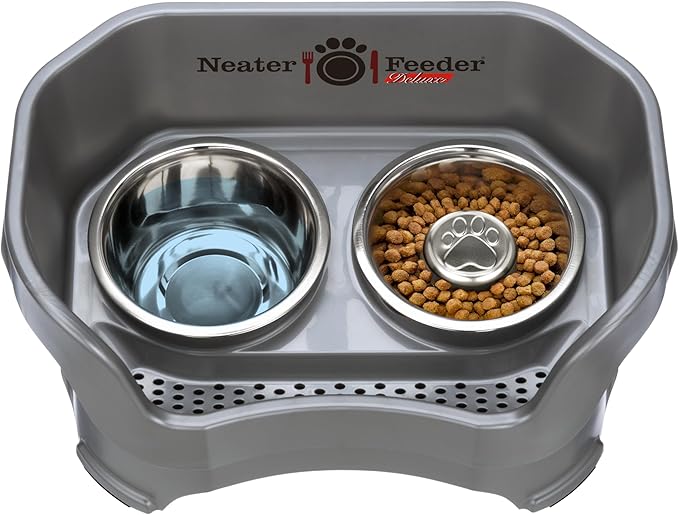Neater Feeder Deluxe Mess Proof Dog Bowls Elevated for Medium Sized Breeds – Made in USA – No Spill Raised Slow Feeder Elevated Dog Bowl Stand, Stainless Steel Food and Water Bowl Set, Grey