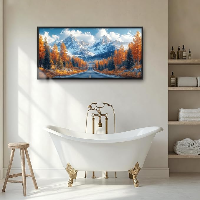 Large Forest Mountain Landscape Wall Art for Living Room, Nature Highway Road Scenery Canvas Oversized Wall Decor, Autumn Framed Pictures Painting Print Artwork for Bedroom Office 60"L x 30"W