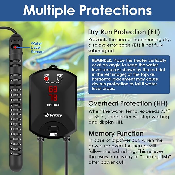 Aquarium Heater 200W Fish Tank Heater with External Thermostat (Dual Digital Display), Turtle Heater for Tanks 20-40 Gallons, Dry-Run/Overheating Protection and Memory Function