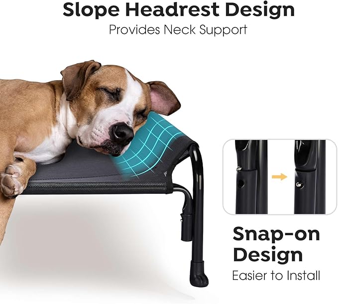 Veehoo Outdoor Elevated Dog Bed, Raised Dog Cot for Small Medium Dogs, Cooling Washable Waterproof Pet Hammock Beds with Slope Headrest, Breathable Mesh and Sturdy Frame, M, Black, CWC2204