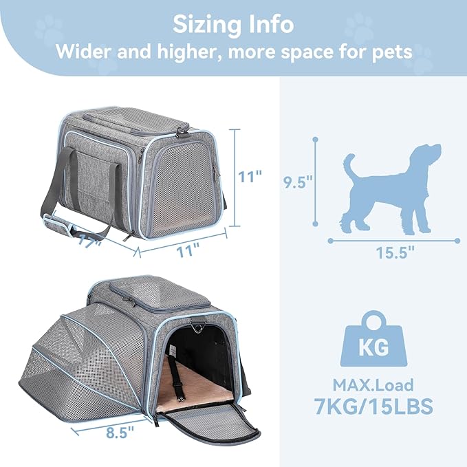 Petsfit Expandable Cat Carrier Dog Carriers,Airline Approved Soft-Sided Portable Pet Travel Washable Carrier for Kittens,Puppies,Removable Soft Plush mat and Pockets,Locking Safety Zippers