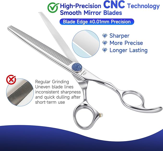 7'' Dog Grooming Scissors CNC 440C Blades Sharp and Durable Polished Thinning Dog Shears with Blue Diamond Adustable Screws Easy to Use for Groomer and Home User