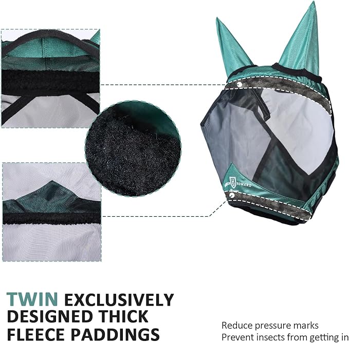 Harrison Howard Pro Luminous Horse Half Face Fly Mask Large Eye Space with Ears UV Protection for Horse Hunter Green M