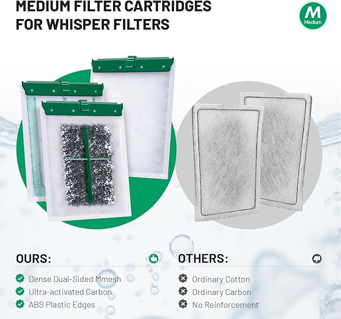 16 Count Medium Filter Cartridges Compatible with Whisper Bio Bag Filters, Large Aquarium Filter Cartridge for Whisper 10i/IQ10/PF10 and Repto Filter 90 GPH