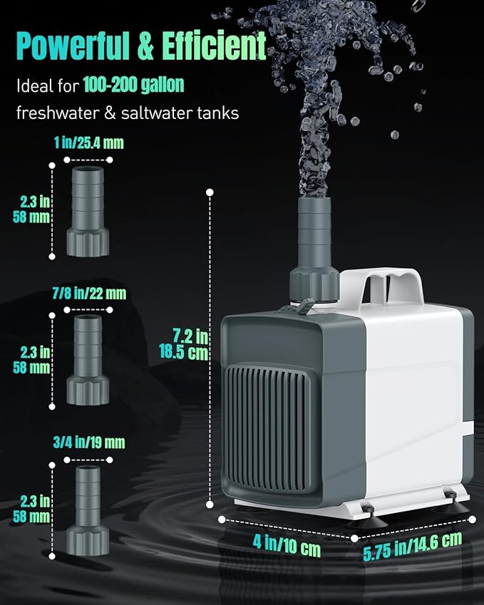 Pawfly 1060 GPH Fountain Pump, 85 W Submersible Water Pump with 14.8 ft. High Lift and 3 Nozzles, Quiet Water Fountain Pump for Aquarium Fish Tank Waterfall Pond & Hydroponics
