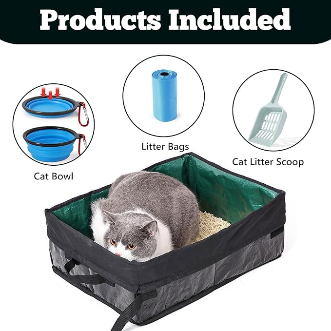 Travel Litter Box for Cats, Foldable Portable Litter Box, Leak Proof Cat Travel Carrier with Kitty Litter Scoop Bowl, Collapsible Waterproof Odor Free Easy Carrier for Car Outdoor