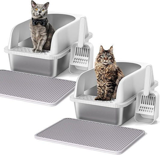 2 Pack Stainless Steel Cat Litter Box with Lid, 20" L x 14.2" W x 11.8" H, Extra Large Litter Box for Big Cats with High Sided, Anti-Urine Leakage, Easy Cleaning, Include Cat Mat and Scoop